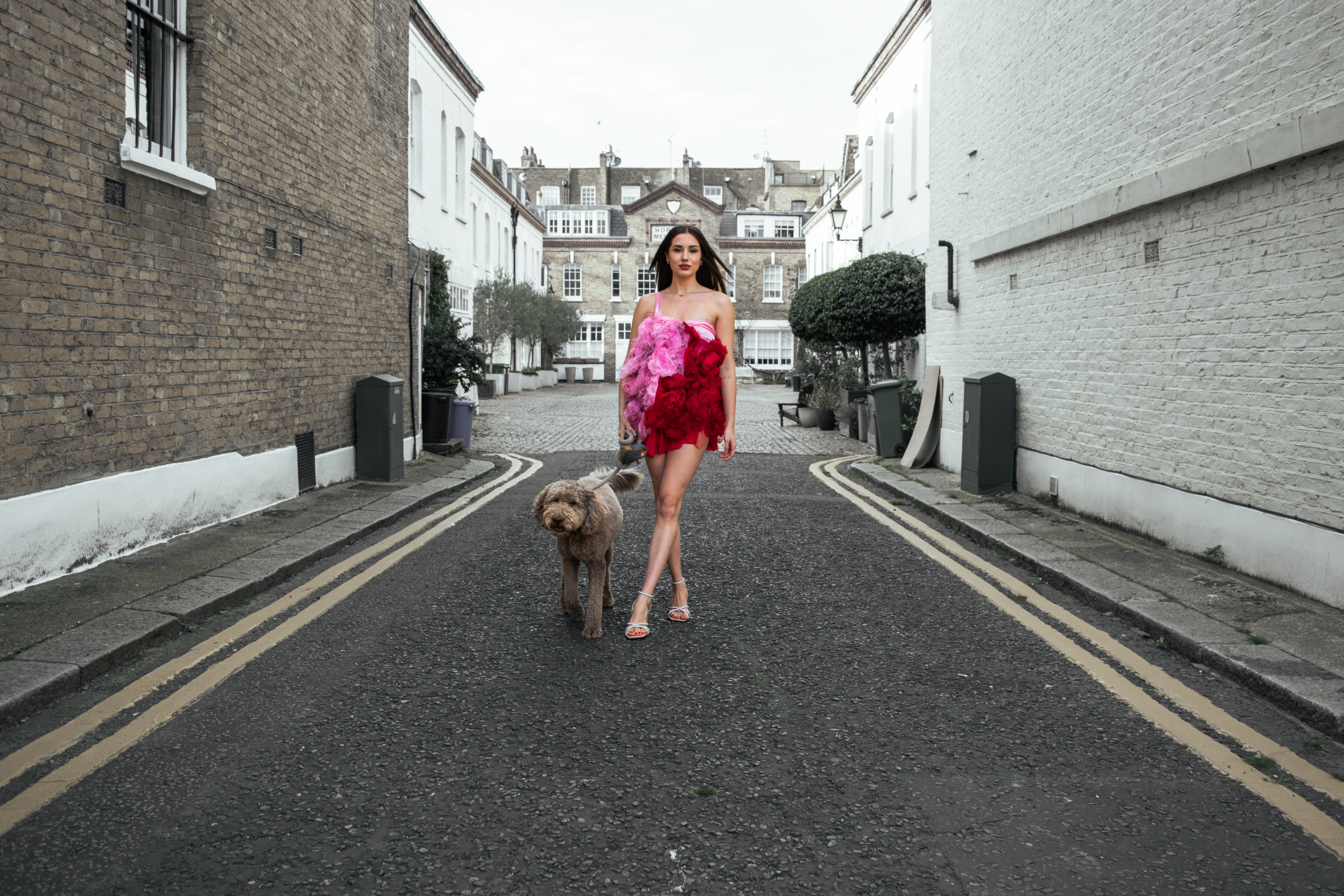 Alba de la Llave poses in a dramatic pink-and-red floral dress with a dog in Morburry Mews, London.